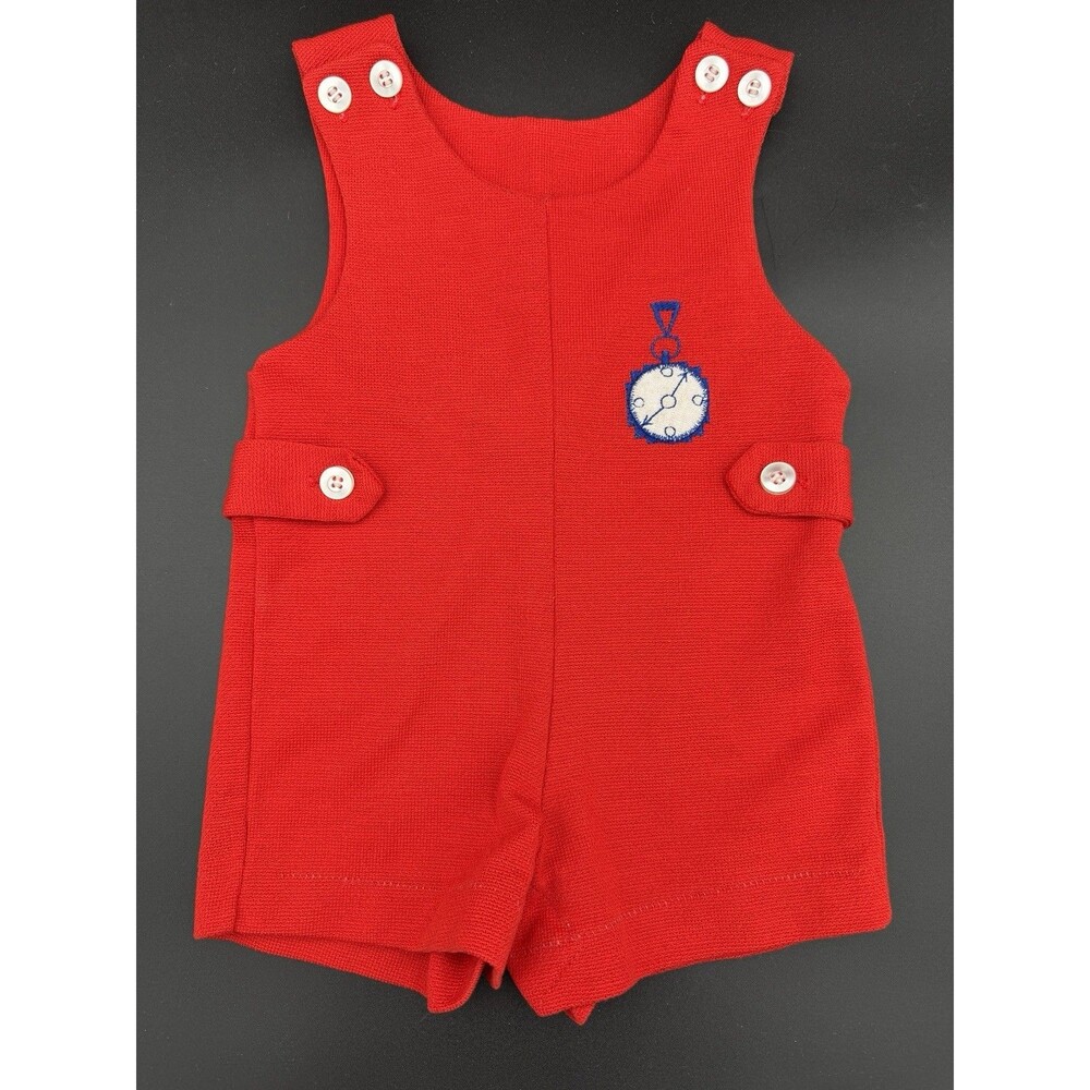 Vtg Healthtex Red Romper Overall Shorts Size 12 Mths Stopwatch Embroidered NICE!